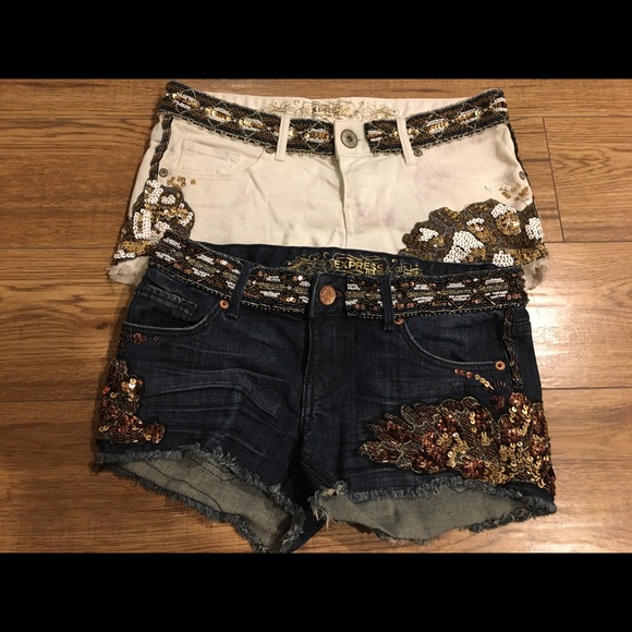EXPRESS embellished denim shorts sequin and beads - Picture 4 of 5
